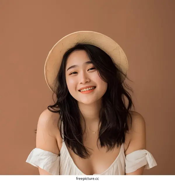Smiling Asian Woman Wearing a Straw Hat and White Dress