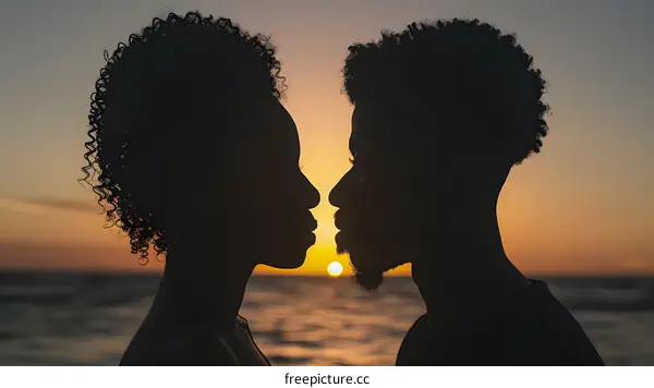 Silhouetted Couple Sunset Love