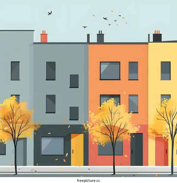 Autumn Cityscape Illustration with Row of Buildings and Golden Trees