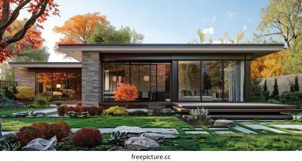 A modern house with a beautiful garden and a terrace