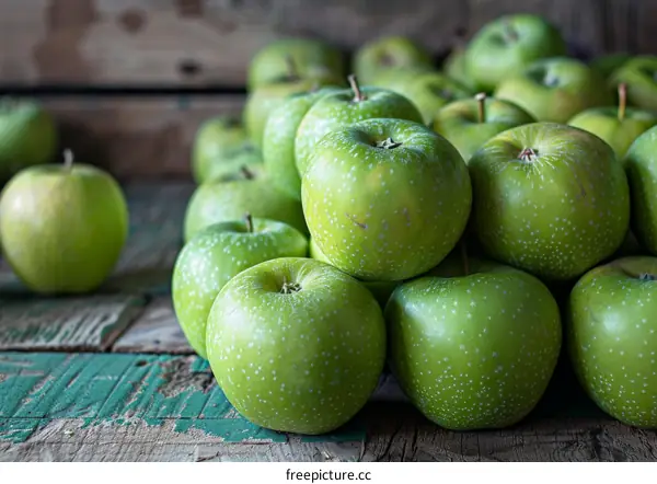 Fresh Green Apples on a Wooden Kitchen Table