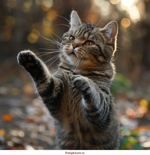 A cat is standing on the ground with its two front paws raised in the air