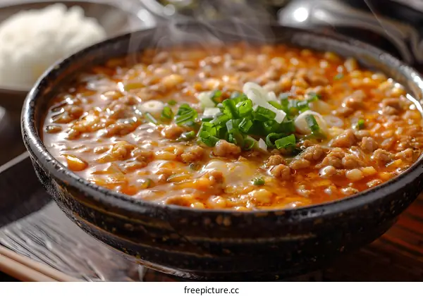 Close Up of Steaming Bowl of Spicy Minced Pork and Tofu Soup Topped With Green Onions