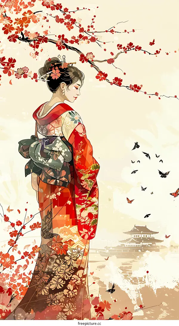 A beautiful Japanese woman in a kimono stands under a cherry blossom tree.