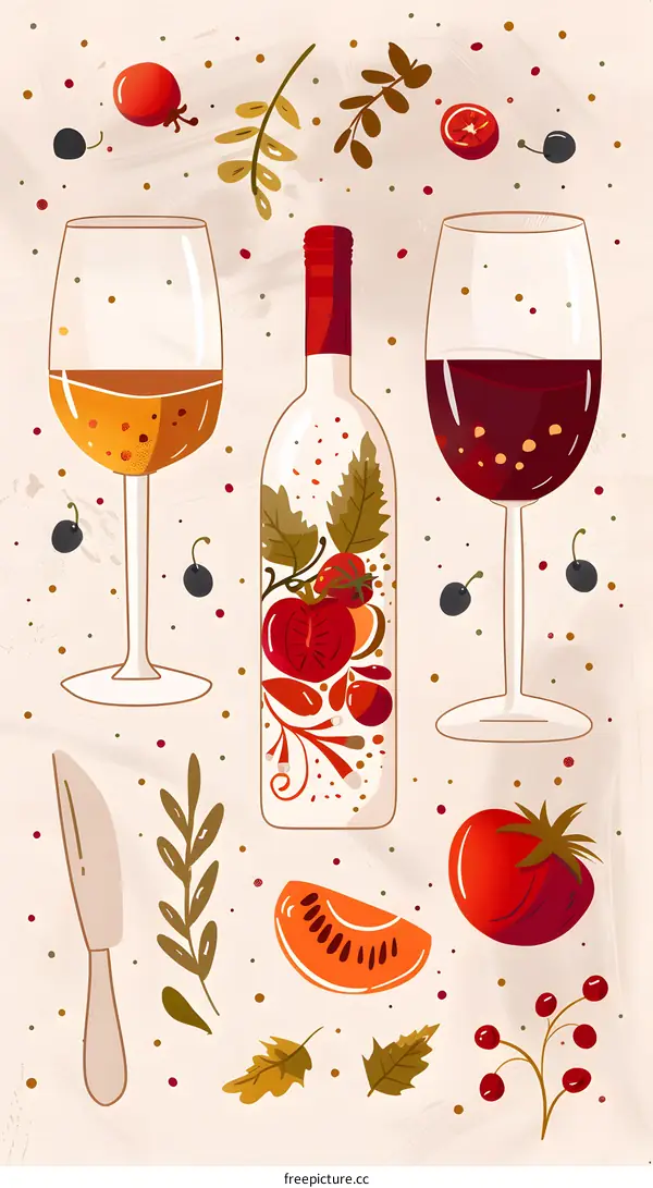 Autumn Wine Illustration with Glasses and Tomatoes