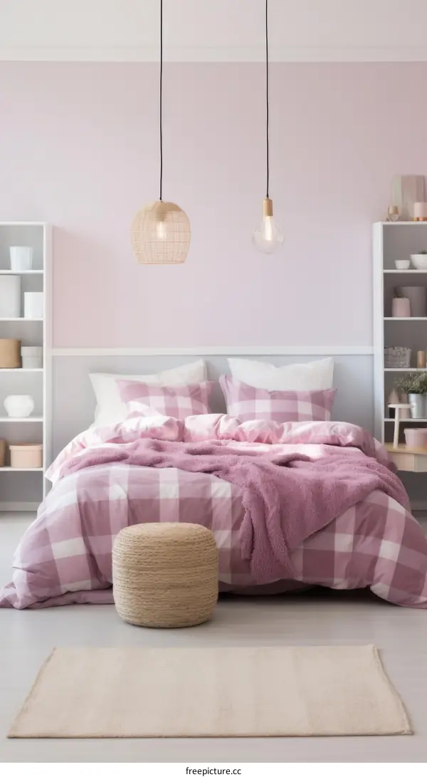 Elegant Pink and White Bedroom with Comfortable Bed and Stylish Decor