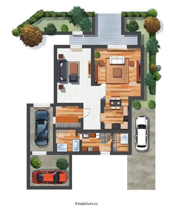 Top View of Modern House with Garden and Garage