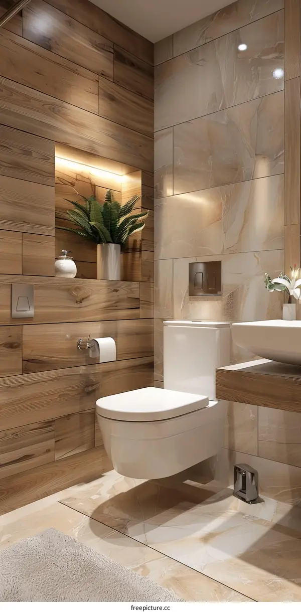 Modern Wooden Bathroom Design with Wall Mounted Toilet