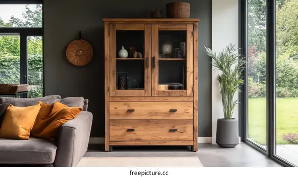 Rustic Wooden Display Cabinet in Modern Living Room