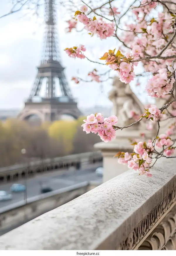 Pink Flowers Blooming in Front of the Eiffel Tower