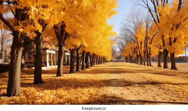 A path through a park with yellow autumn leaves