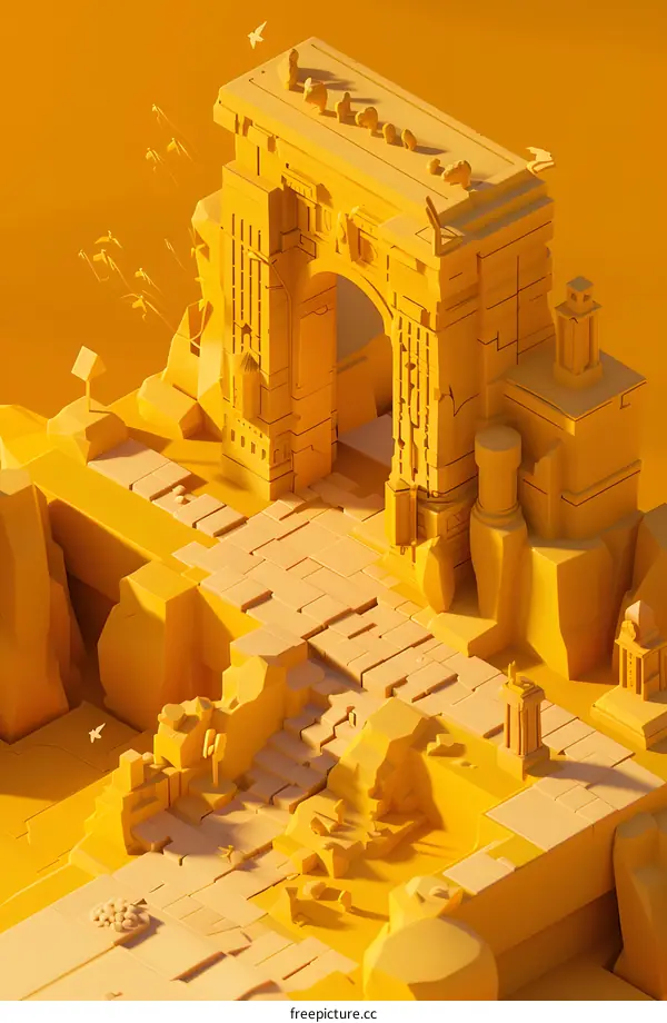 Low Poly Yellow Archway with Birds Flying Above