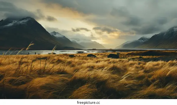 Field of golden grass swaying in the wind with a mountain backdrop