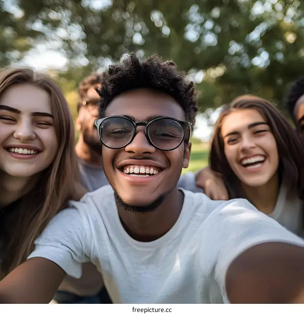 Smiling Group of Diverse Friends Taking Selfie in Park