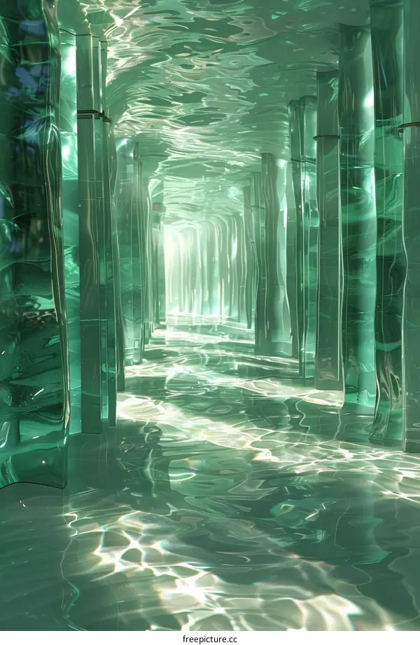 glass tunnel with water on the floor and ceiling