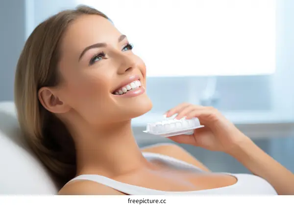 Portrait of a beautiful young woman with white teeth holding a pack of pills in her hand