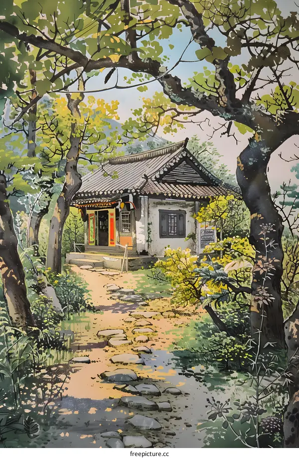 Traditional Japanese Style House with Stone Path and Green Trees