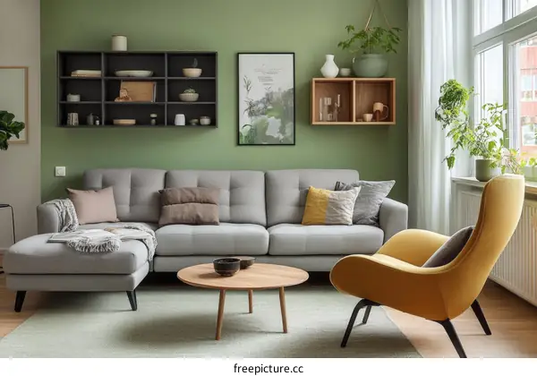 Modern Living Room Interior Design with Sage Green Walls