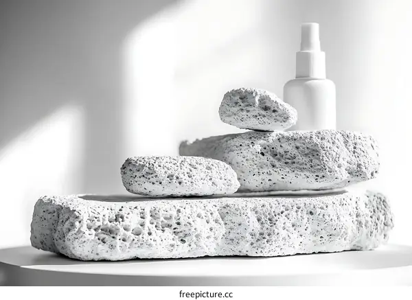 White Cosmetic Spray Bottle Displayed on Stacked Rocks
