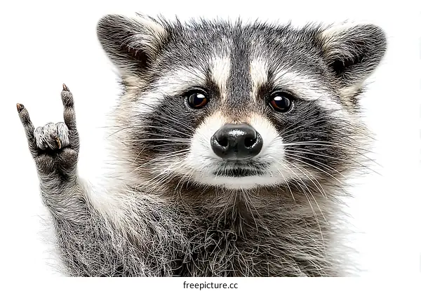 Close-up Portrait of a Playful Raccoon Giving a Rock and Roll Sign