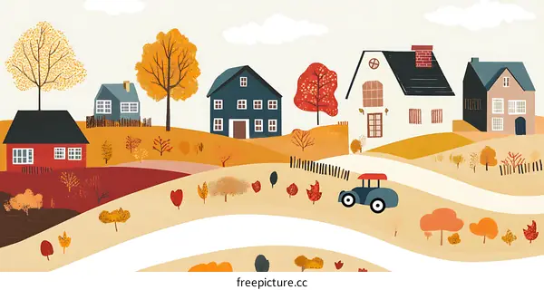 Cute Autumn Village Illustration