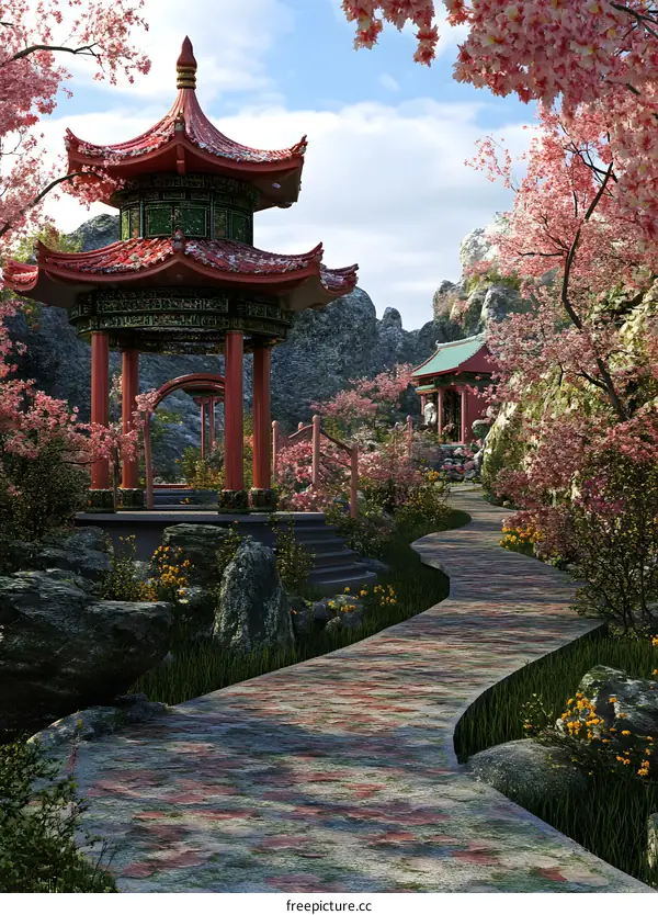 Pagoda in a Cherry Blossom Garden