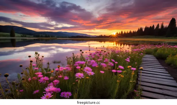 Wooden dock leading into a lake with a beautiful sunset and mountains in the background