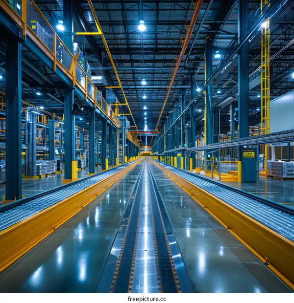 Automated factory with conveyor belts and machinery