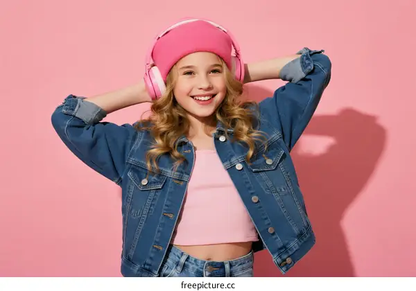 Young girl wearing pink headphones and denim jacket against pink background