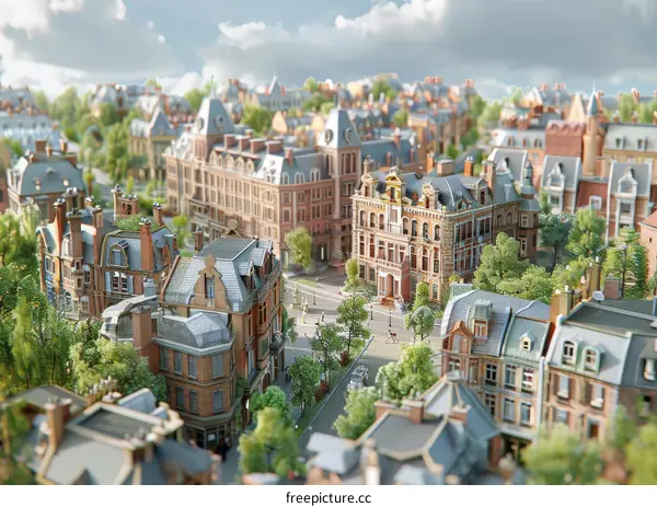 Miniature European City with Brick Buildings and Tree-Lined Street