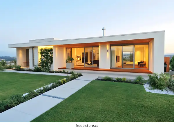 Modern White House With Green Grass Lawn