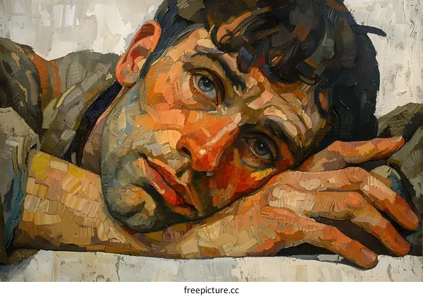 mosaic portrait of a man resting his head on his crossed arms