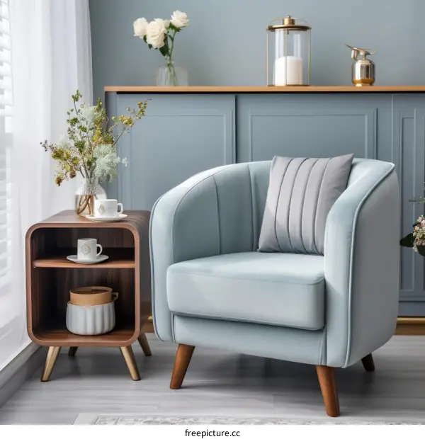 Blue Velvet Armchair with Gray Cushions and Wooden Side Table