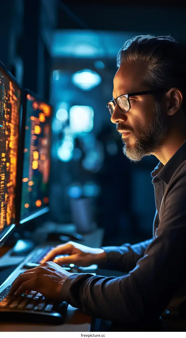 A male software engineer wearing glasses is coding in front of multiple computer monitors in a dark room