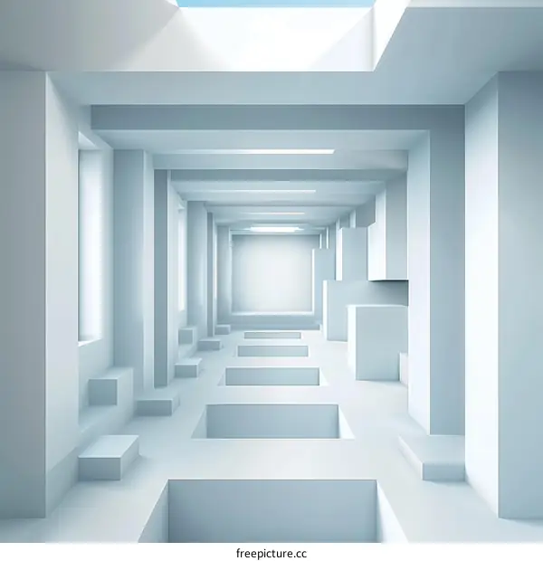 3D rendering of a futuristic hallway with geometric shapes