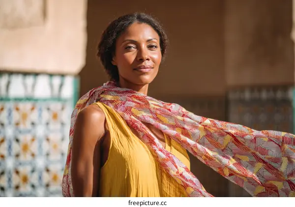 Woman in Yellow Dress with Colorful Scarf Outdoors