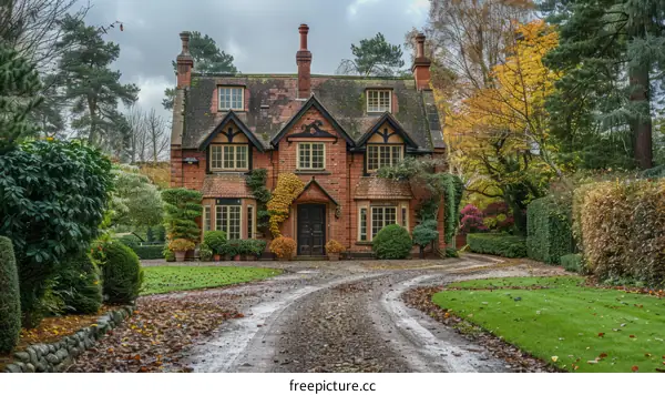 English Country House Surrounded by Autumn Foliage