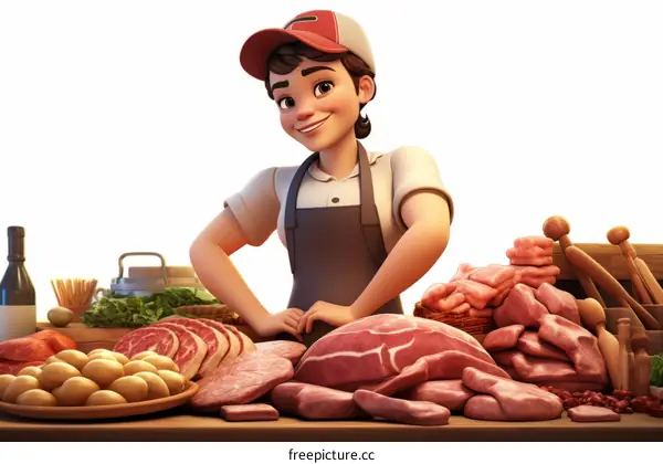 Cartoon Butcher Standing Behind Meat Counter