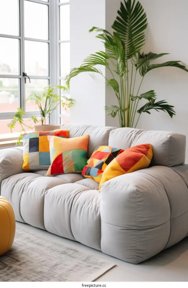 Modern Living Room with Comfy Couch and Potted Palm
