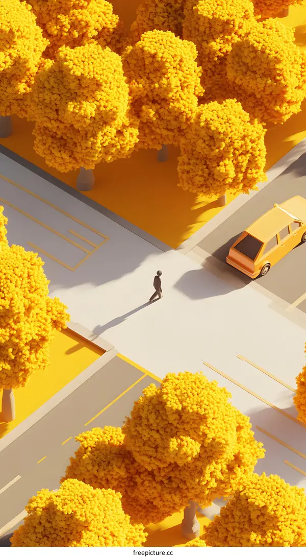 Low Poly Illustration of a Person Walking on a Street with Trees
