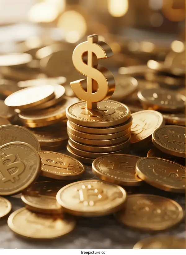 Golden Dollar Symbol and Bitcoin Coins on Table