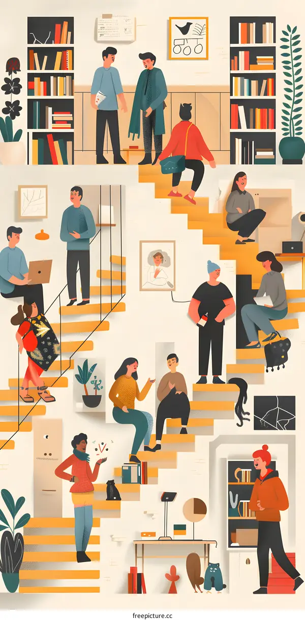 Colorful Illustration of People on a Staircase with Bookshelves and Plants