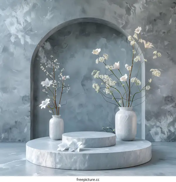 White flowers in marble vases on podium