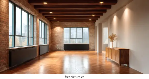 Spacious Industrial Loft Interior with Hardwood Floors