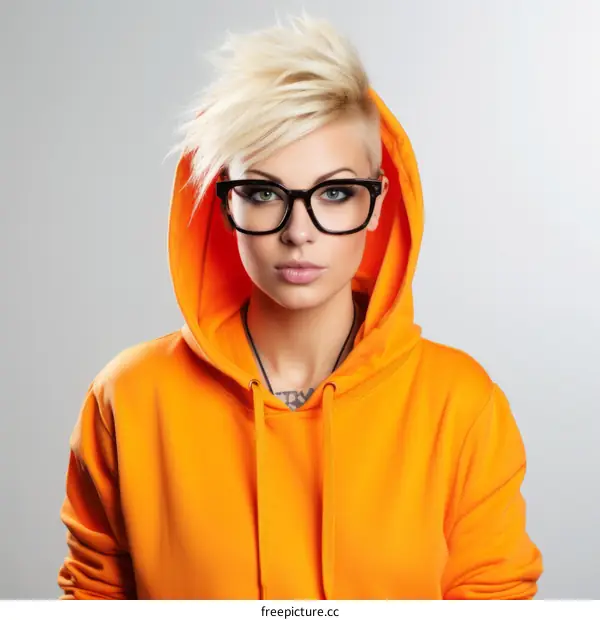 Portrait of a blonde woman in an orange hoodie