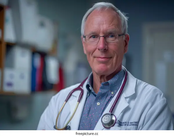 Portrait of a smiling male doctor wearing a white coat and stethoscope
