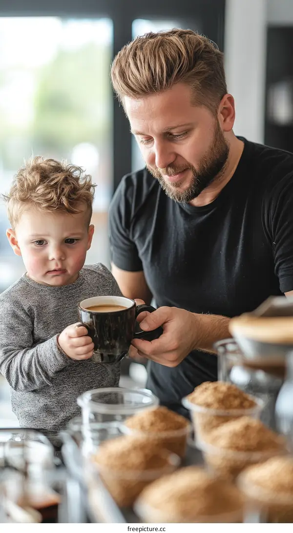 Father and Son Enjoying Coffee Together