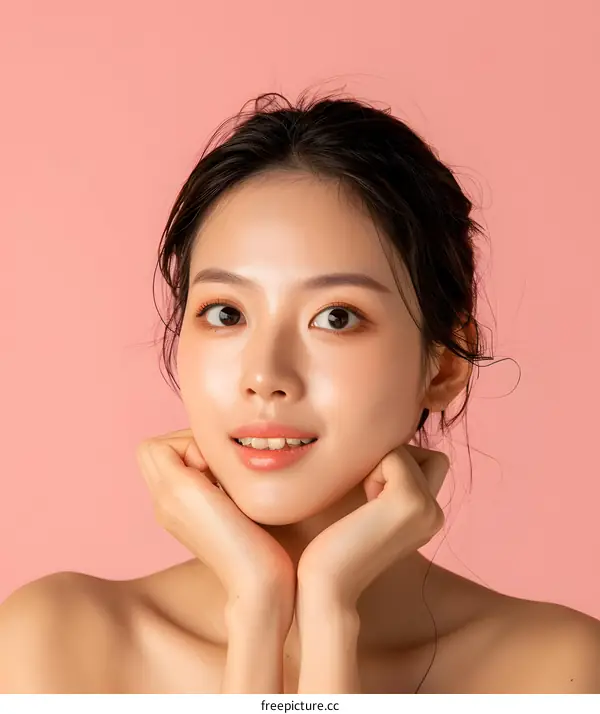 Portrait of a Young Asian Woman With Long Hair and Bare Shoulders