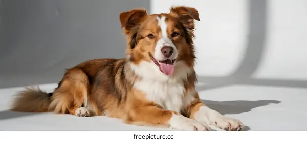 A brown and white dog lying on a light background