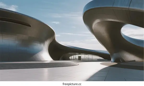 Modern Curved Architecture with Smooth Metallic Surfaces and Open Spaces